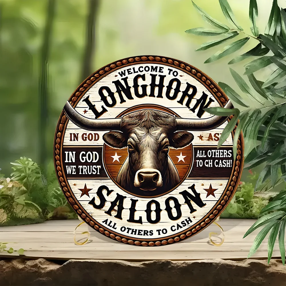 مسطح ثنائي الأبعاد - قطعة واحدة من لافتة القصدير المعدنية المستديرة مقاس 8 × 8 - فن روح رعاة البقر الطويلة، ديكور غربي ريفي مع "مرحبًا بكم في طويل #4