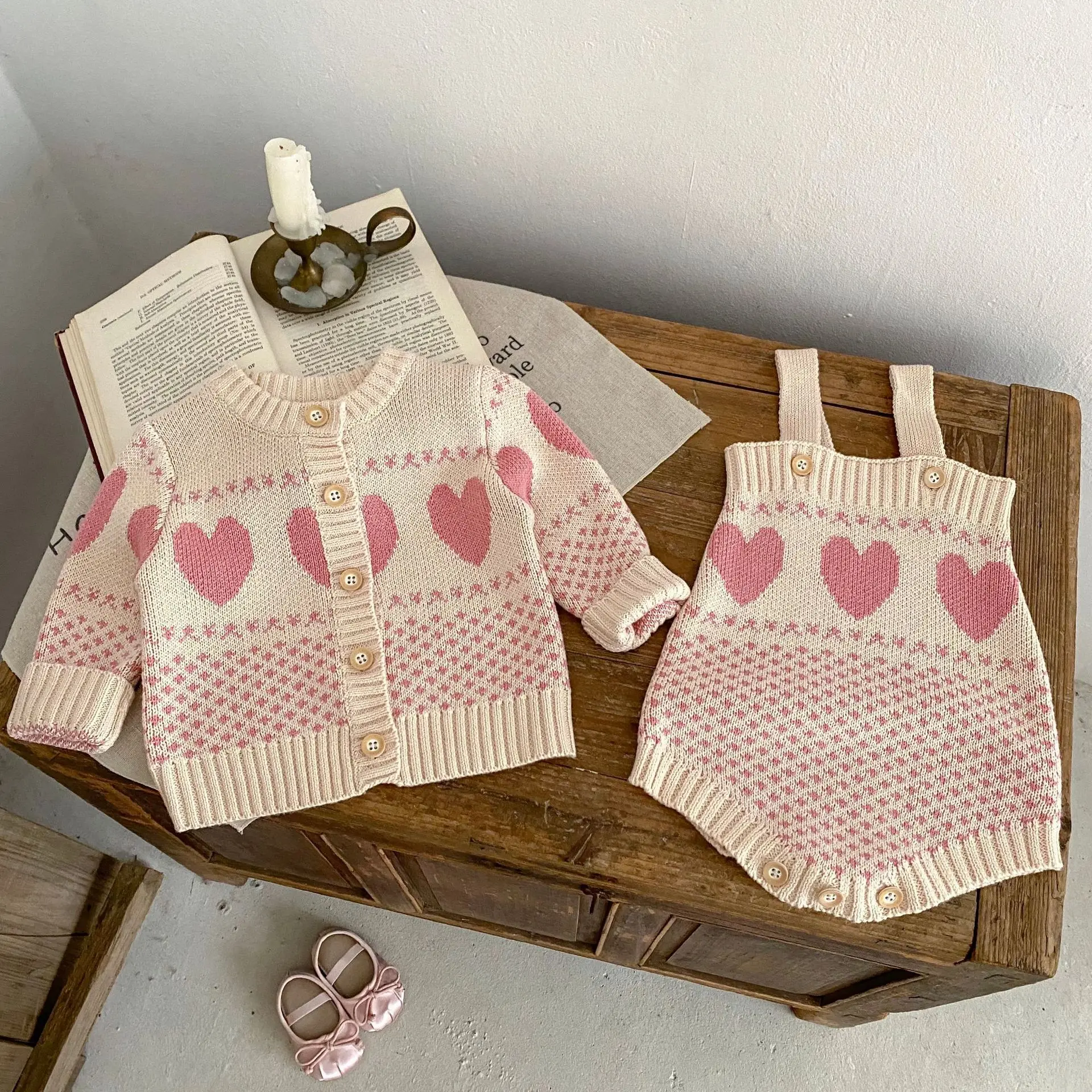 New 2024 Autumn Baby Clothes 0-3Y Girls Cute Heart Jacquard Sweater Knitted Cardigan Coat Toddler Outwear Optional Bodysuit