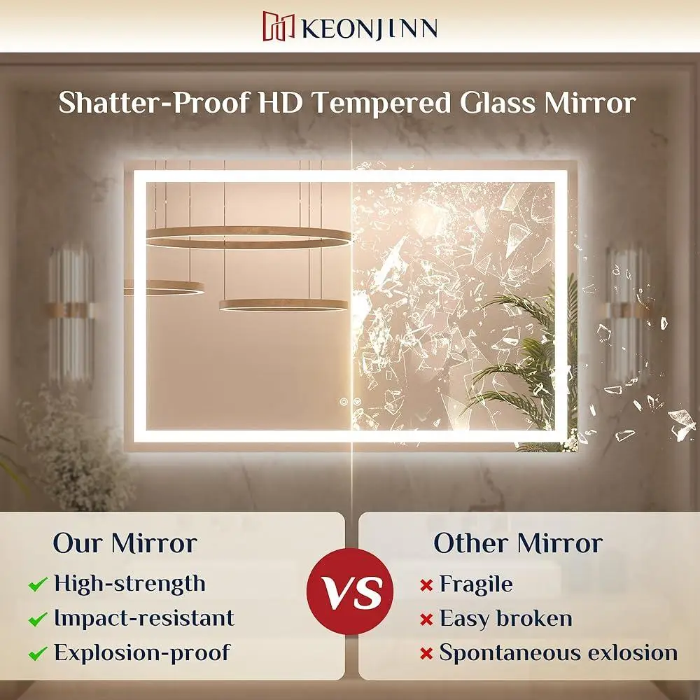 Illuminated Bathroom Mirror LED Frontlit Backlit 3-Color Dimmable High Brightness Energy Efficient Waterproof Smart Wall Mirror