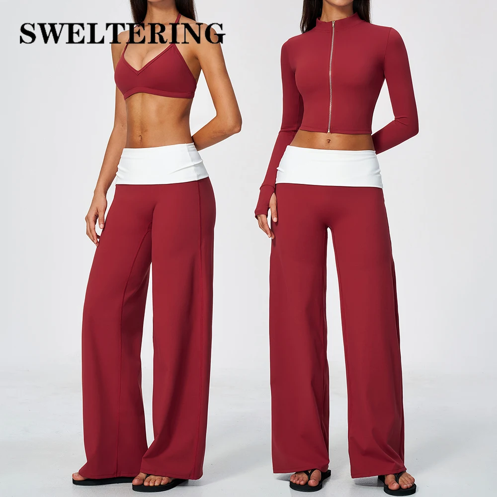Contrast Color 2/3PCS Yoga Set Women Gym Clothing Fitness Outfits Sports Crop Top Yoga Flared Pants Suits Female Workout Outfits