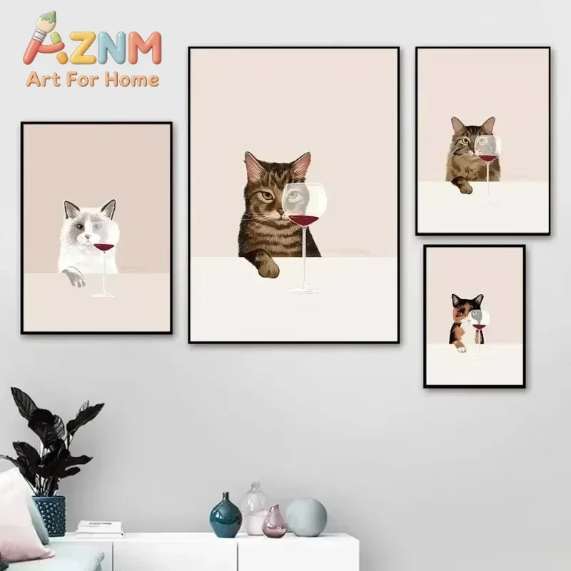 Whimsical Wine-Tasting Cat Canvas Print Minimalist Wine and Animal Canvas Wall Art Modern Home Decor for Living Room and Dining