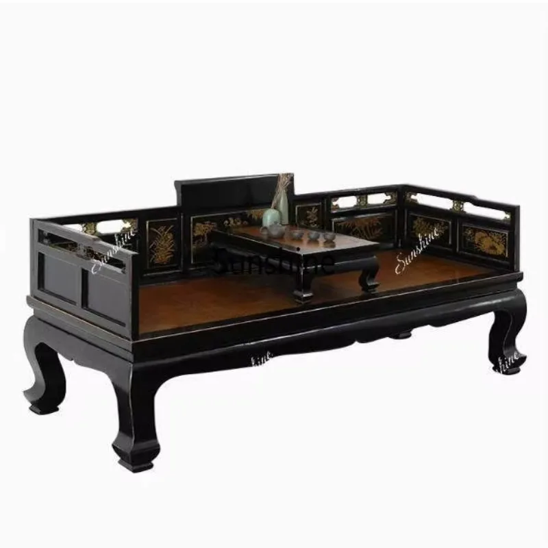 New Chinese Arhat bed retro black lacquer classical gold-painted carved rattan couch
