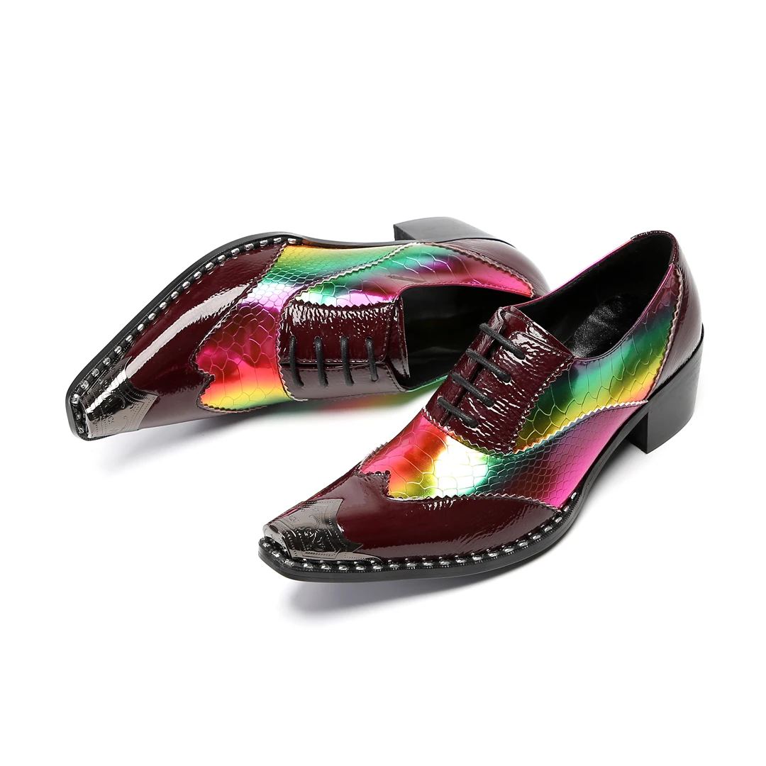 Fashion Metal Pointed Toe Real Leather Men Brogue Shoes Large Size Wedding Party Formal Leather Shoes Male Lace Up Derby Shoes