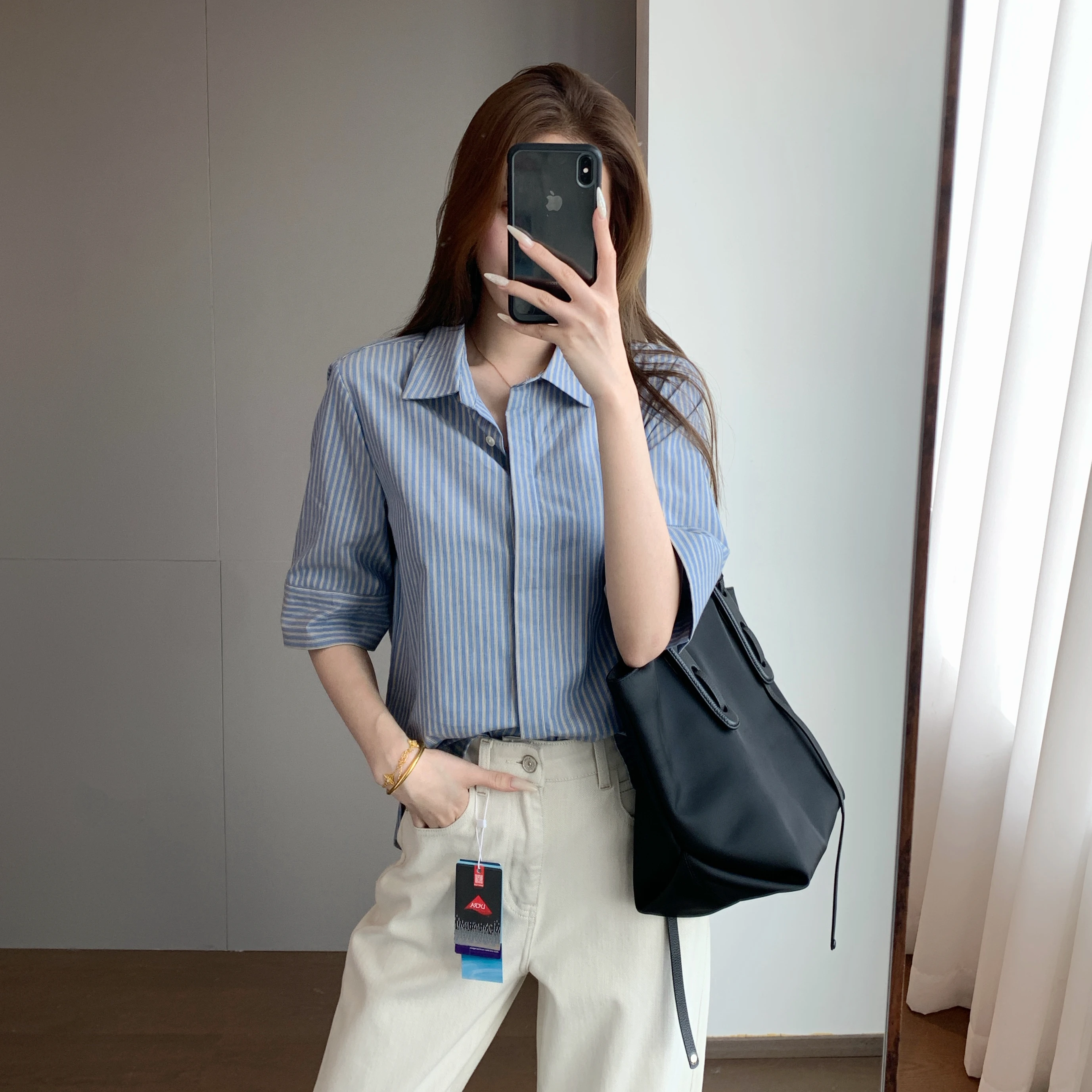 

TheWow: Элитная хлопковая рубашка в синюю полоску, комфортная, с рукавом до локтя, в повседневном стиле, свободного кроя, женская мода, весенняя коллекция