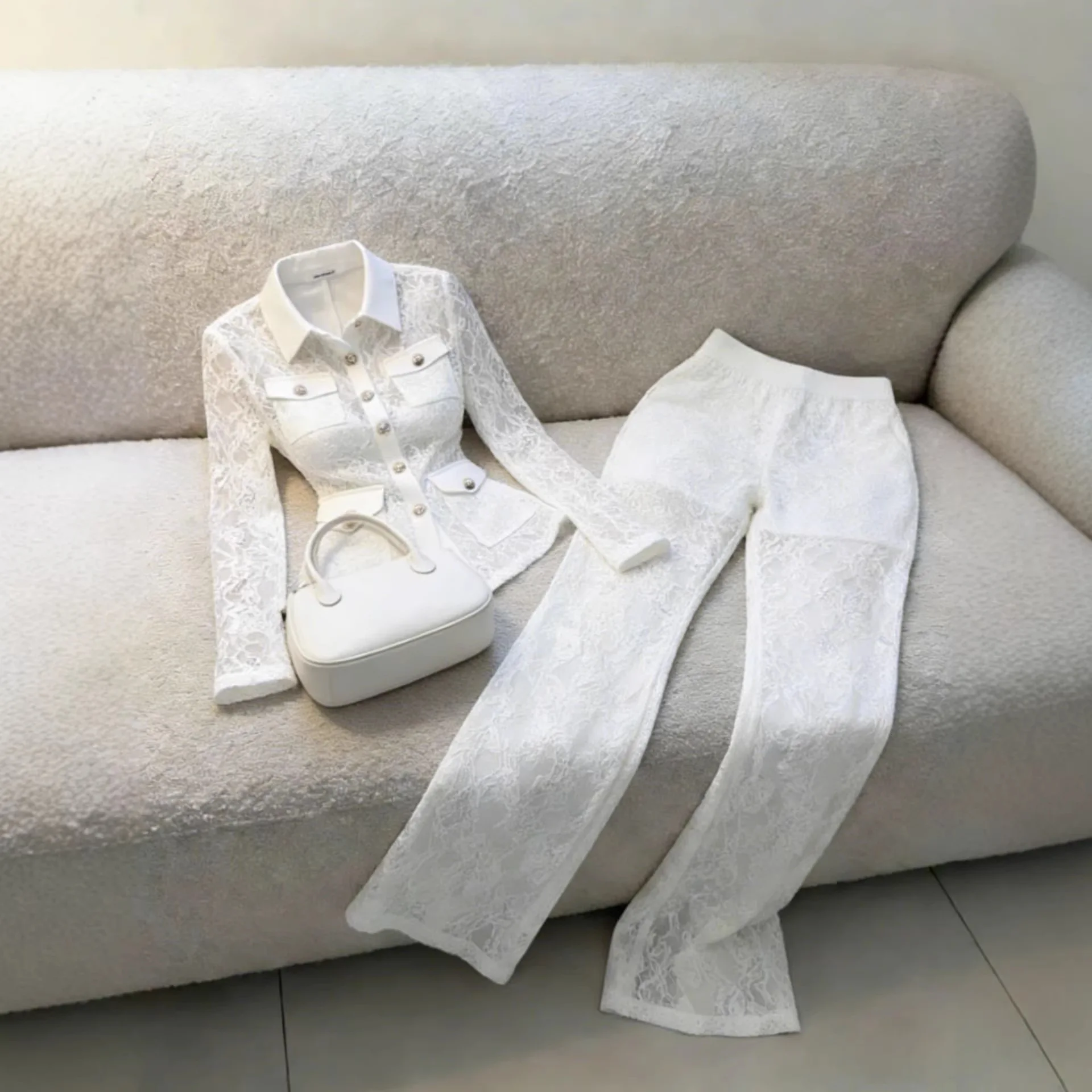 

Spring 2026 Fashionable Lace Collar Long Sleeve Pants Set Women's Casual Sportswear Long Pants Suit Elegant Commute