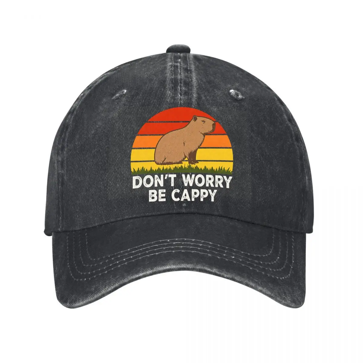 Dont Worry Be Cappy Capybara Sunset Grass Design New Vintage Washed Cotton Baseball Cap Sun Hats
