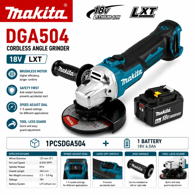 Original Makita DGA504 18V LXT Brushless Cordless Angle Grinder 125mm Electric Power Tool Bare Machine EU Local Warehouse Fast Delivery Compatible with BL1830 BL1840 BL1850 BL1860B 6.0Ah Batteries