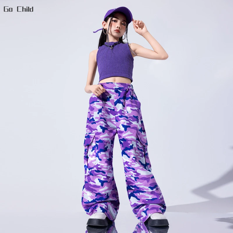 Girls Streetwear Hip Hop  Crop Tank Top Camouflage Purple Cargo Pants Kids Vest Street Dance Jazz Costumes Children Clothes Sets