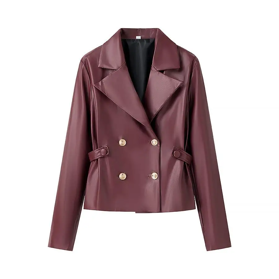 Faionable – ensemble Jaet en cuir pour femmes, coupe cintrée, tissu Polyester, manteau Long Sve ort, Double boutonnage, couleur Pure