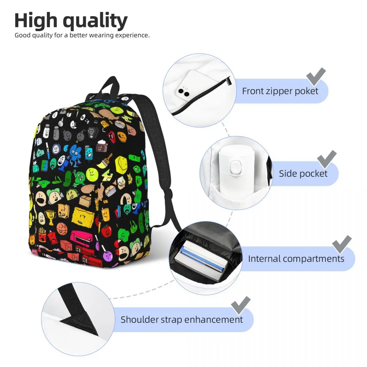 Classic BFDI Inanimate Insanity All Characters (Transparent) Student Backpack School Bag Hiking Travel Daypack Shoulder Bags