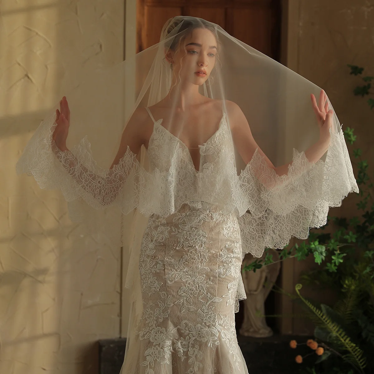 

V397 European and American Style Long Lace Bridal Veil Single-Layer Trailing Wedding Dress Outdoor Wedding Headpiece