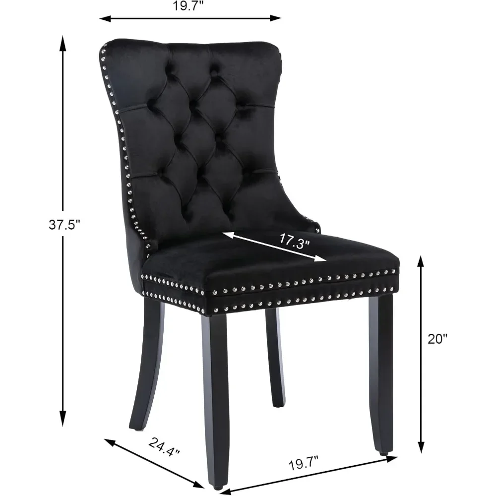 Conjunto de 4 cadeiras de jantar de veludo preto, cadeiras estofadas para sala de jantar com acabamento em anel e pernas de madeira maciça, cadeiras de jantar modernas