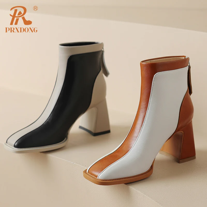 PRXDONG Genuine Leather Autumn WInter Warm ANkle Boots Square Heels Black Brown Zipper Dress Party Office Lady Shoes Size 34-39