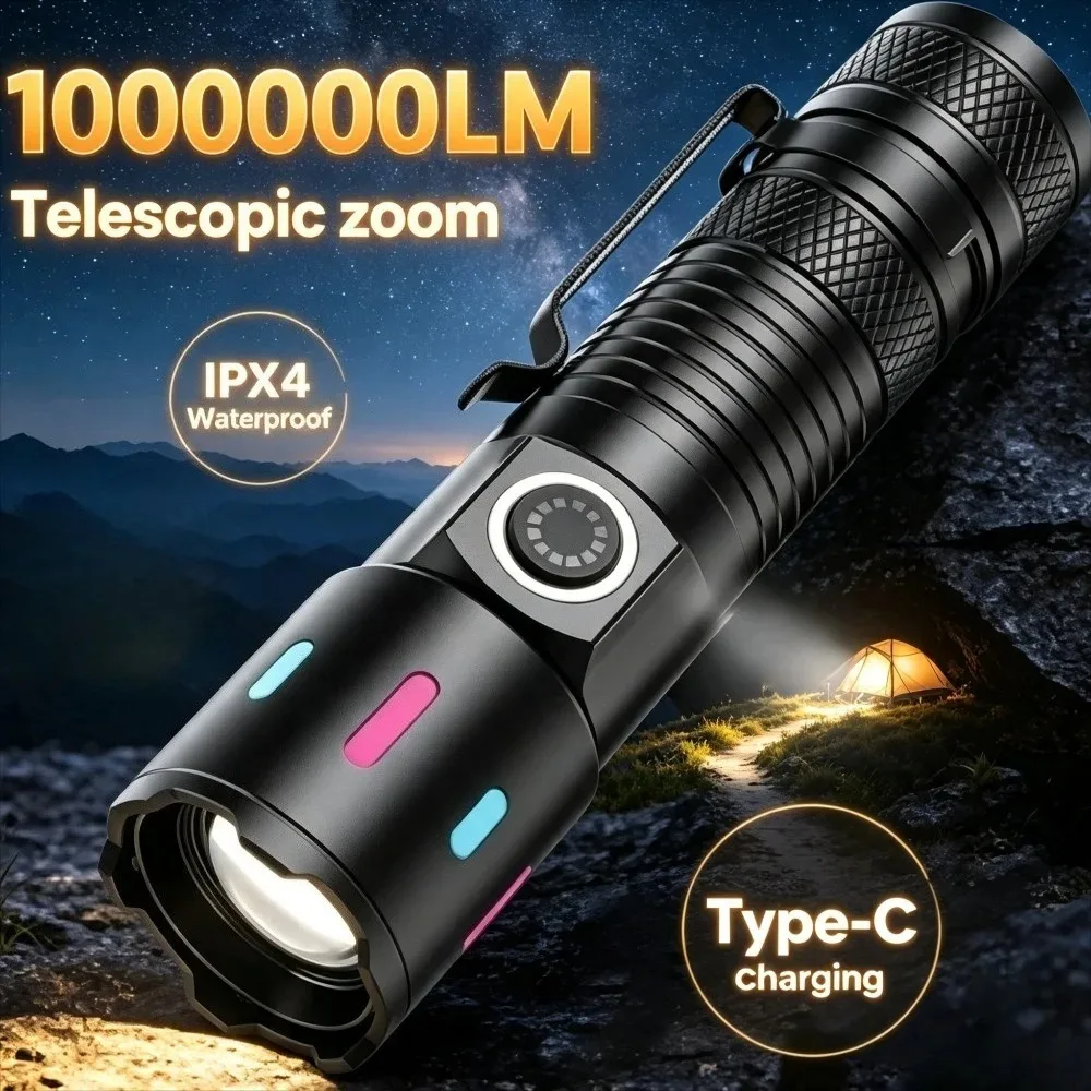 lanterna-led-super-brilhante-recarregavel-tipo-c-a-prova-d'Agua-com-faixa-fluorescente-e-clipe-de-caneta-para-pesca-caminhada-e-acampamento