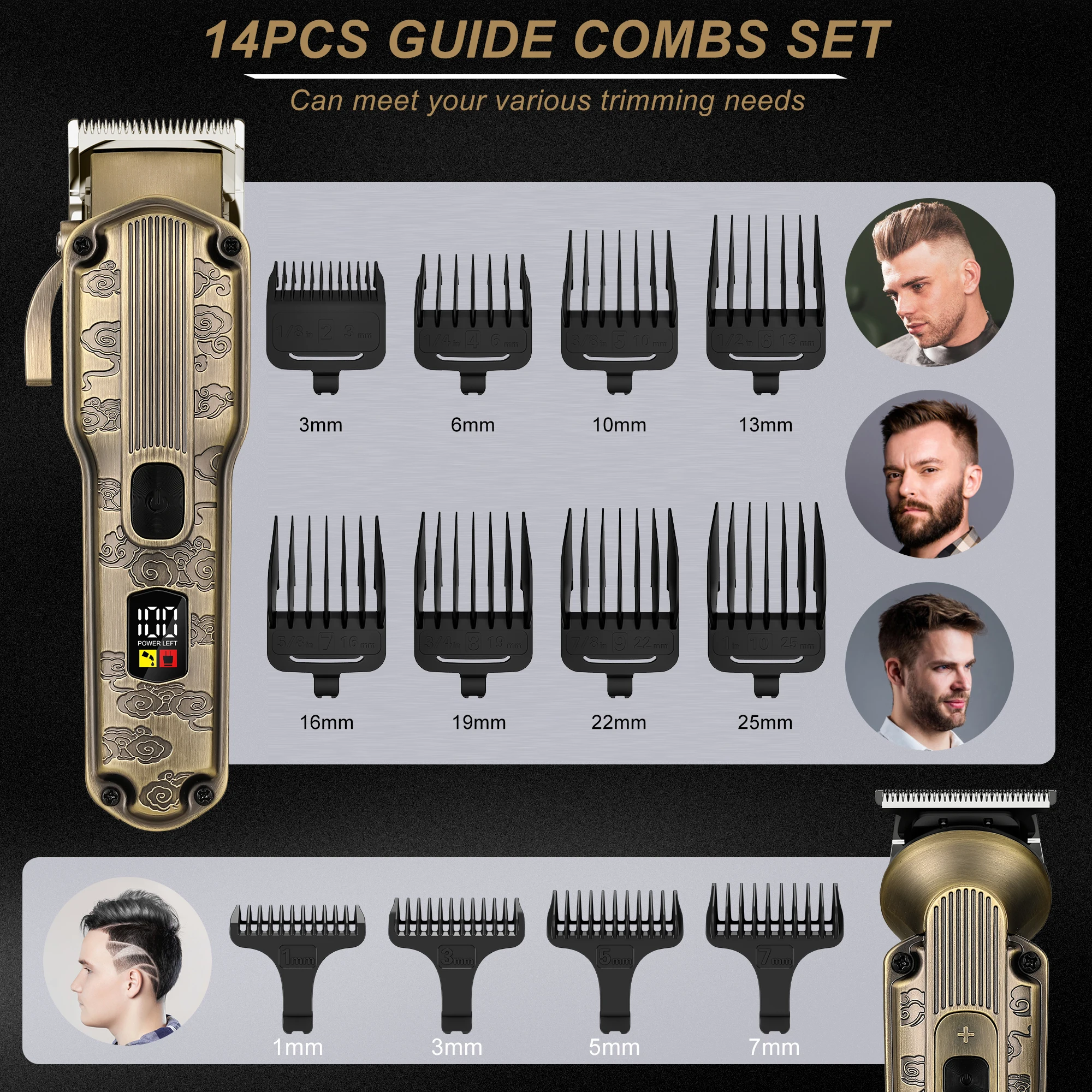 Scttomon Bronze Three-piece Electric Hair Clipper Oil Head Carving Trimmer Razor for Salon Bald Head Push Styling