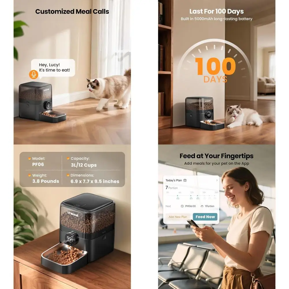 

Wireless 100-Day Battery Cat Feeder, 12 Cups/3L Automatic Pet Dispenser with App Control, Ideal for Large Kibble