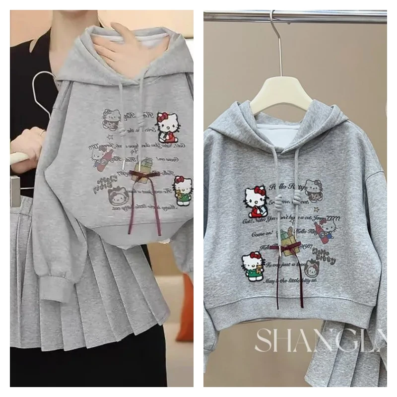 

Hot Sanrio Girl Suit Jacket Set Hello Kitty Kawaii Spring and Autumn Anime Student Zipper Hooded Tops Skirt Children's Clothing