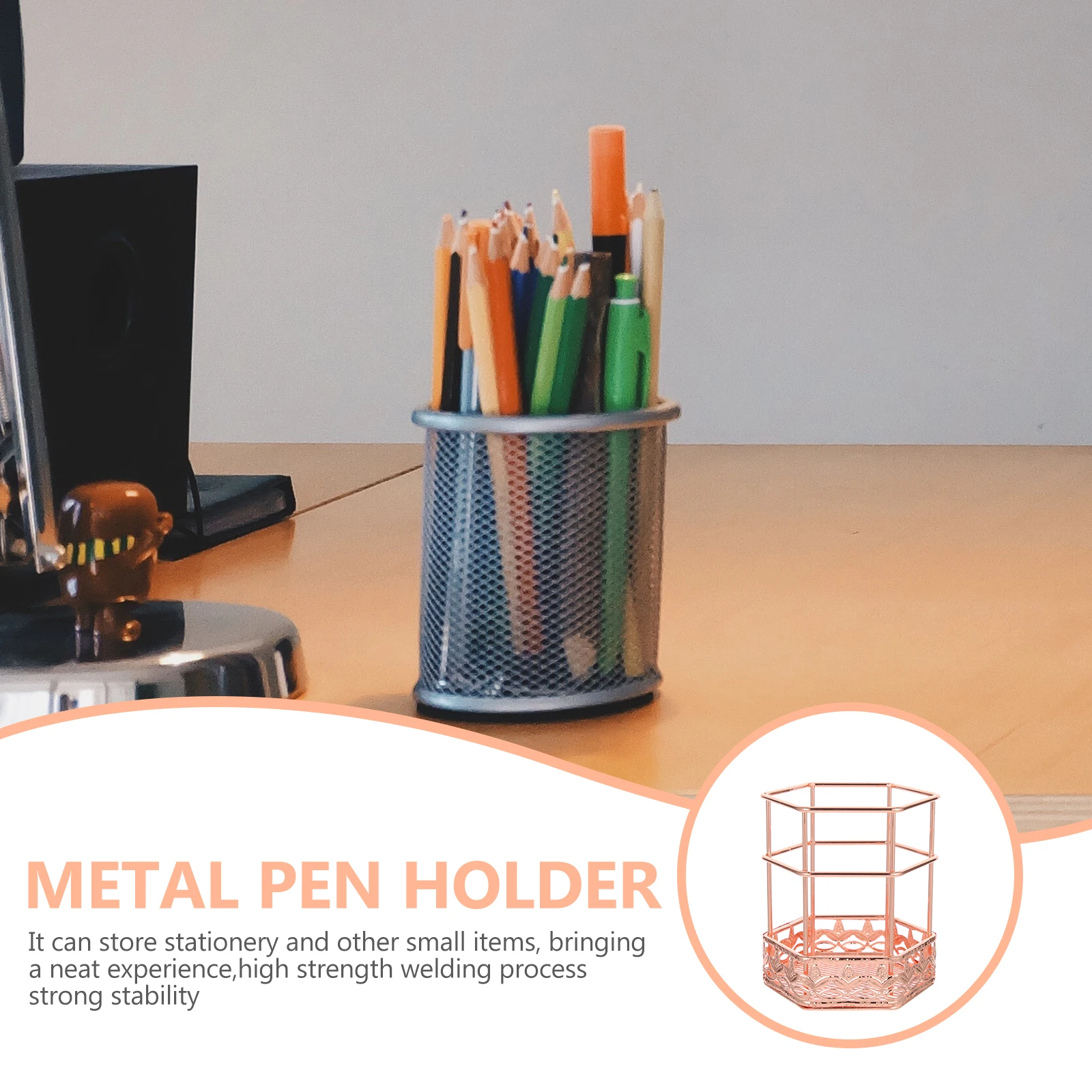 

Office Supplies Rose Gold Pen Holder Unique for Desk Metal Decorate Mesh Multi-function Pencil Dressing Table Makeup Brush