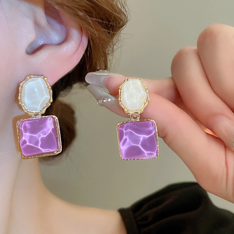 Trendy New Asymmetrical Square Pendants Women's Hanging Earrings Bohemian Dangle Earrings Blue/Purple brincos feminino