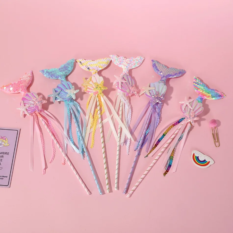 Kids Sequin Fantasy Fishtail Magic Wand Children Fairy Wand Girl Birthday Gift Stick Party Halloween Princess Role-playing Props