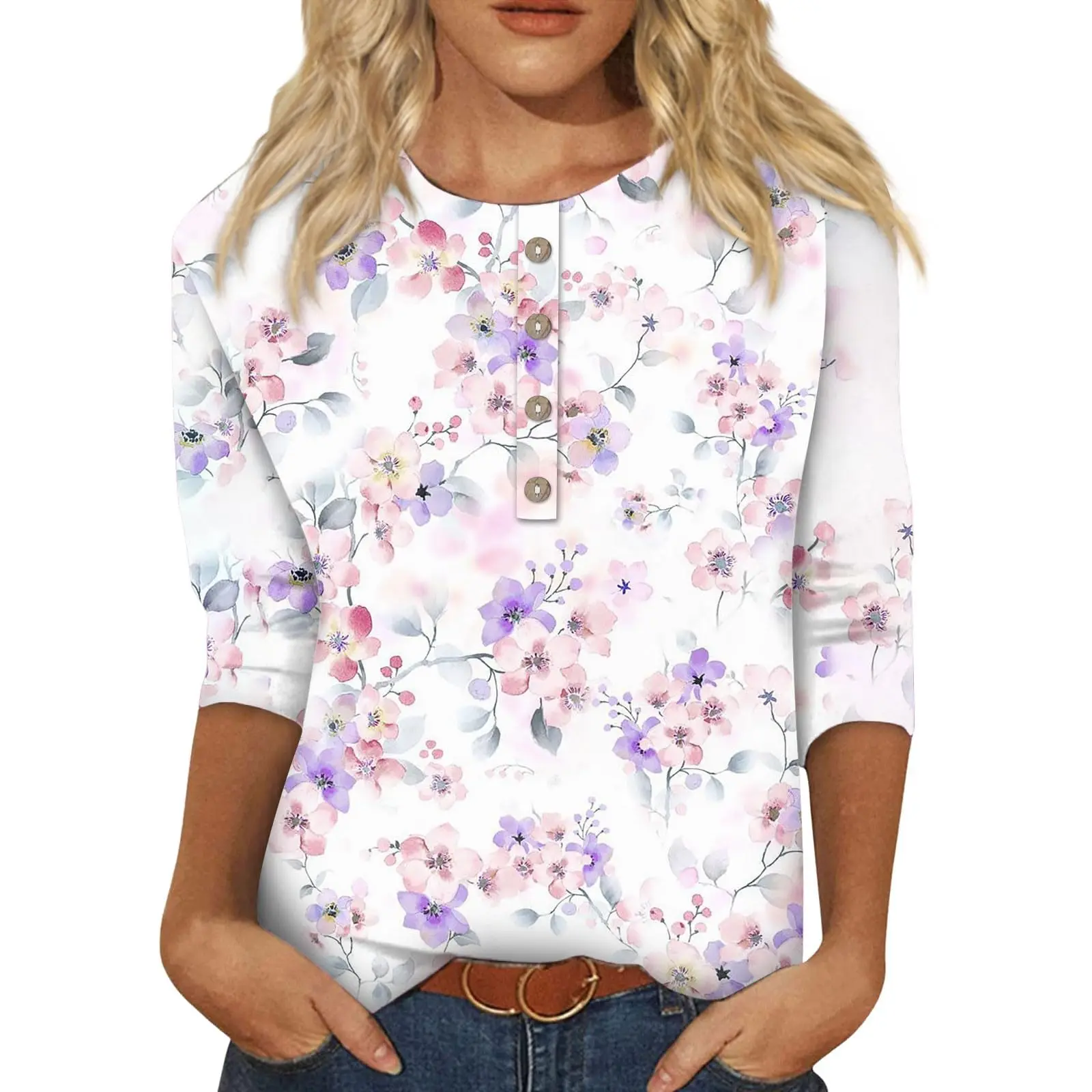 

Женская футболка на пуговицах, свободный удобный топ с круглым вырезом и рукавом 2024, с принтом растений и цветов, весна-лето 3/4