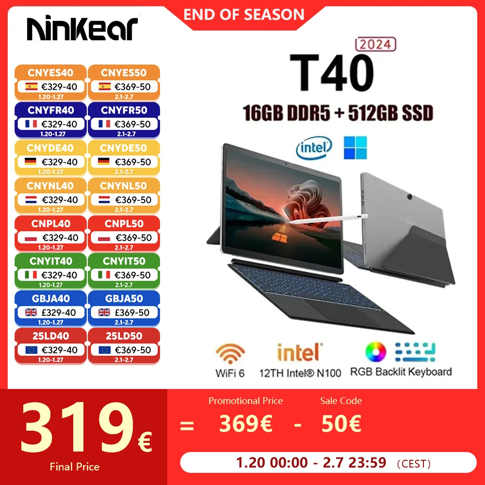 Ninkear T40 Laptop 2 in 1 TouchScreen Tablet Notebook Intel N100 14 Inch FHD 16GB DDR5+512GB SSD Wifi 6 RGB Backlit With Stylus