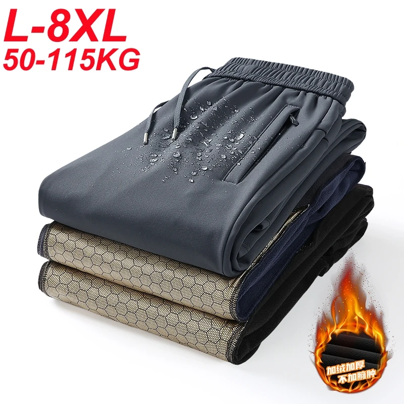 Winter Men's Pants Thick Warm Fleece Sweatpants Zip Pockets Graphene Windproof Thermal Straight Track Trousers Plus Size 7xl 8xl