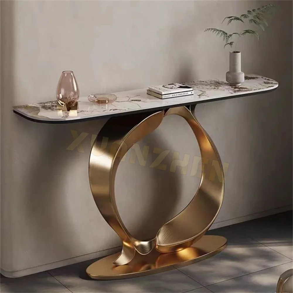 Living room furniture new desgin champagne gold stainless steel modern console table sintered stone console table console tables