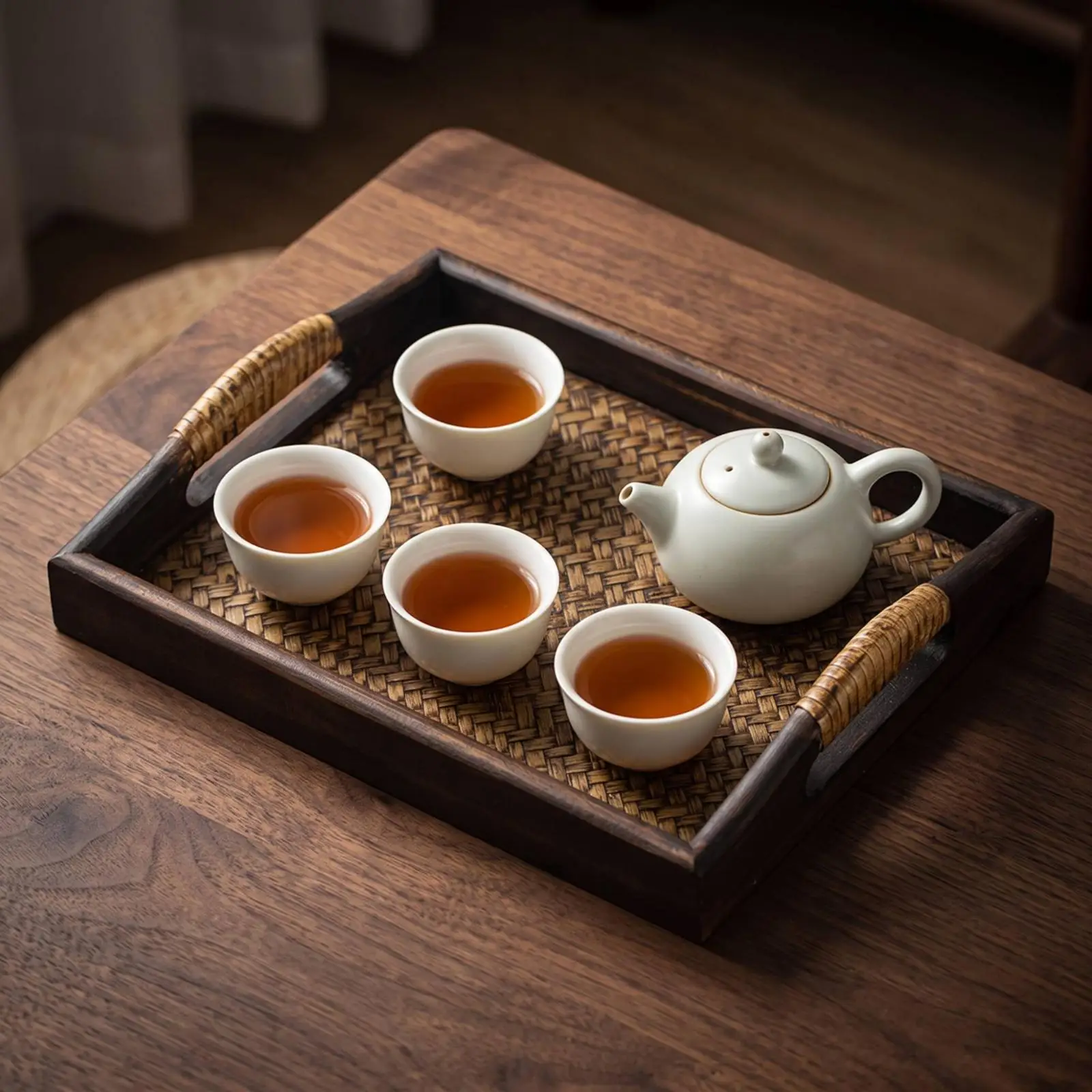Southeast Asian Wooden Tray with Natural Weave for Bathroom Counter and Shelf Decor