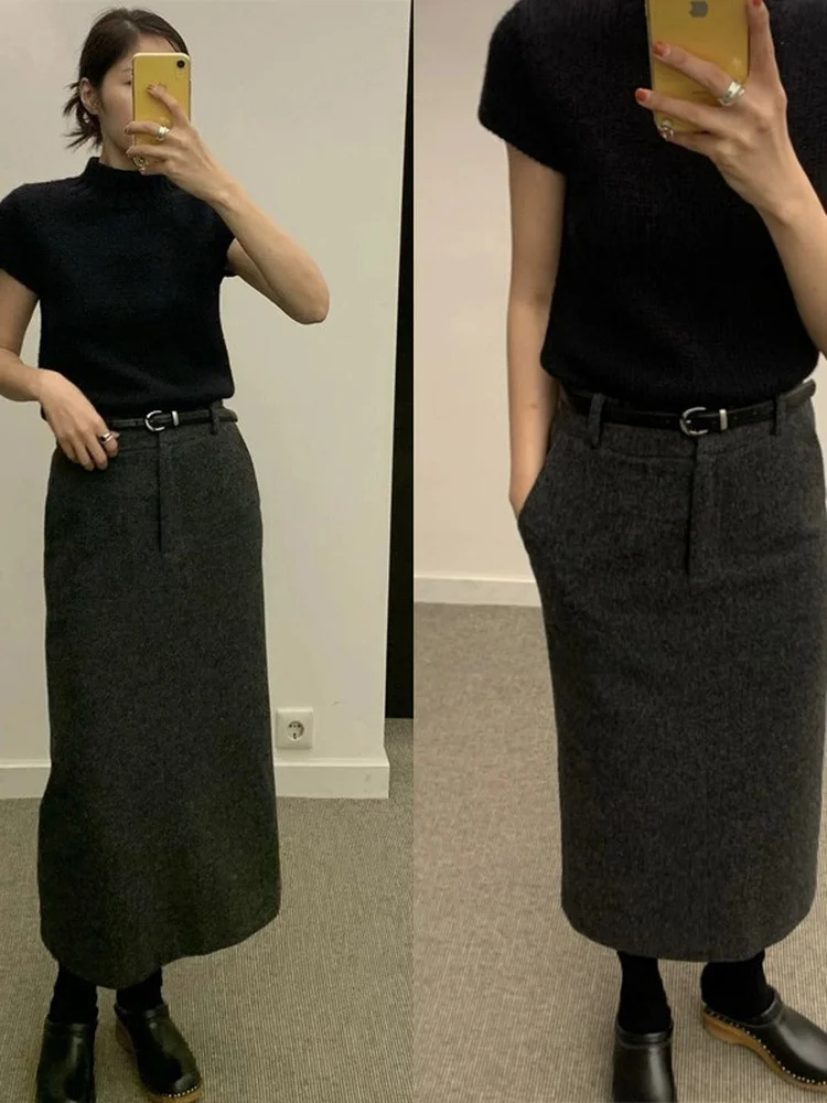   Mittellanger Wollrock mit hoher Taille und schlankem, drapiertem Pendelrock für Damen, Faion, koreanischer gestrickter, gerader Schnitt