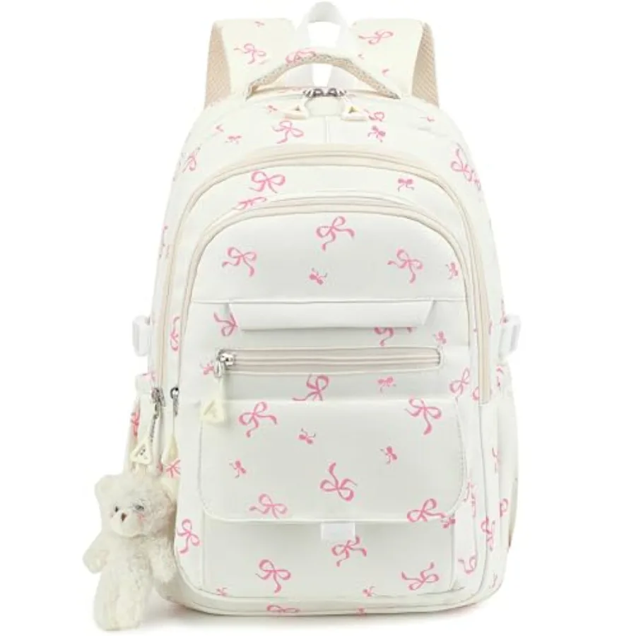 

Girls Backpack for College High Middle School Student, Cute Aesthetic Bookbag for Teens Women with Accessories, Beige Bow