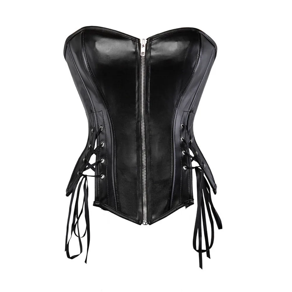 Faux Leather Overbust Corsets Sexy Zip Front Side Lacing Strapless Women\'s Bustier and Corset Lingerie Tops Steampunk Clothing