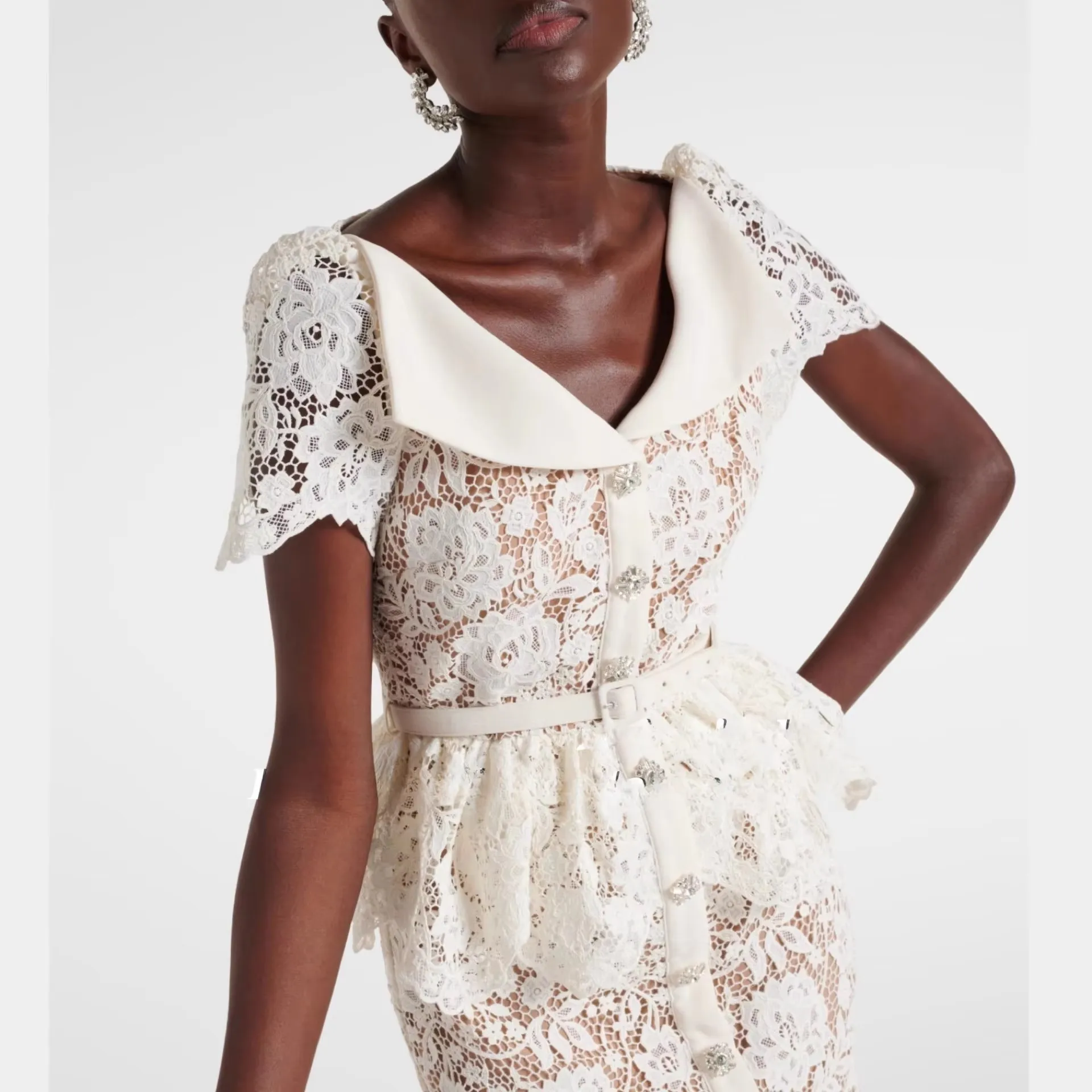 Fashion Chic Lace Bodycon Slim for Women Summer Designer Luxury Short Sleeve Ruffles Midi Long Pencil Dress Vestidos Femme