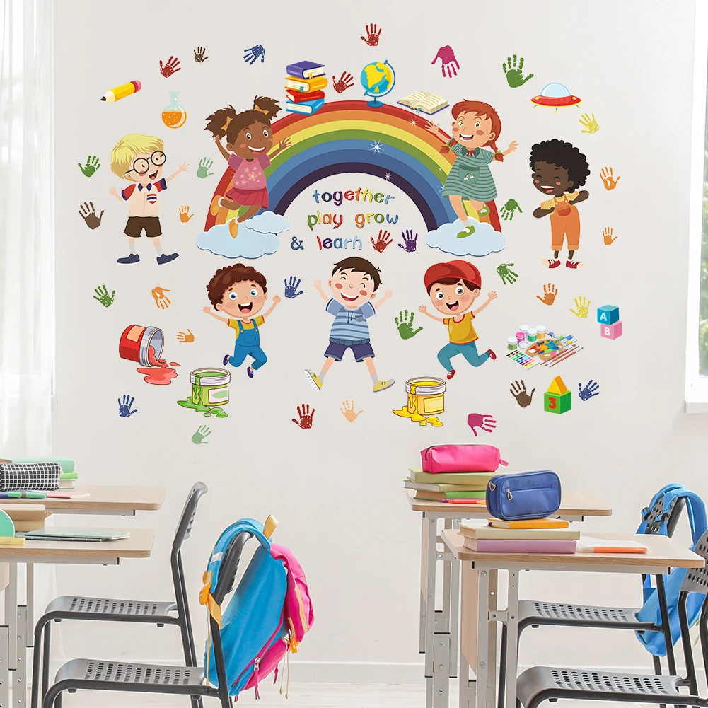 Kids Rainbow Handprint Wall Stickers Colorful Children Play Grow Learn Wall Decals for Nursery Classroom Bedroom Playroom Decor