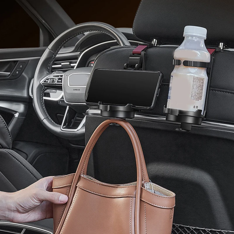 3-In-1 Car Seat Back Universal Hook Car Multi-Function Hook Storage Rack Cup Holder Women\'s Handbag Hanging Storage Fixed Hook