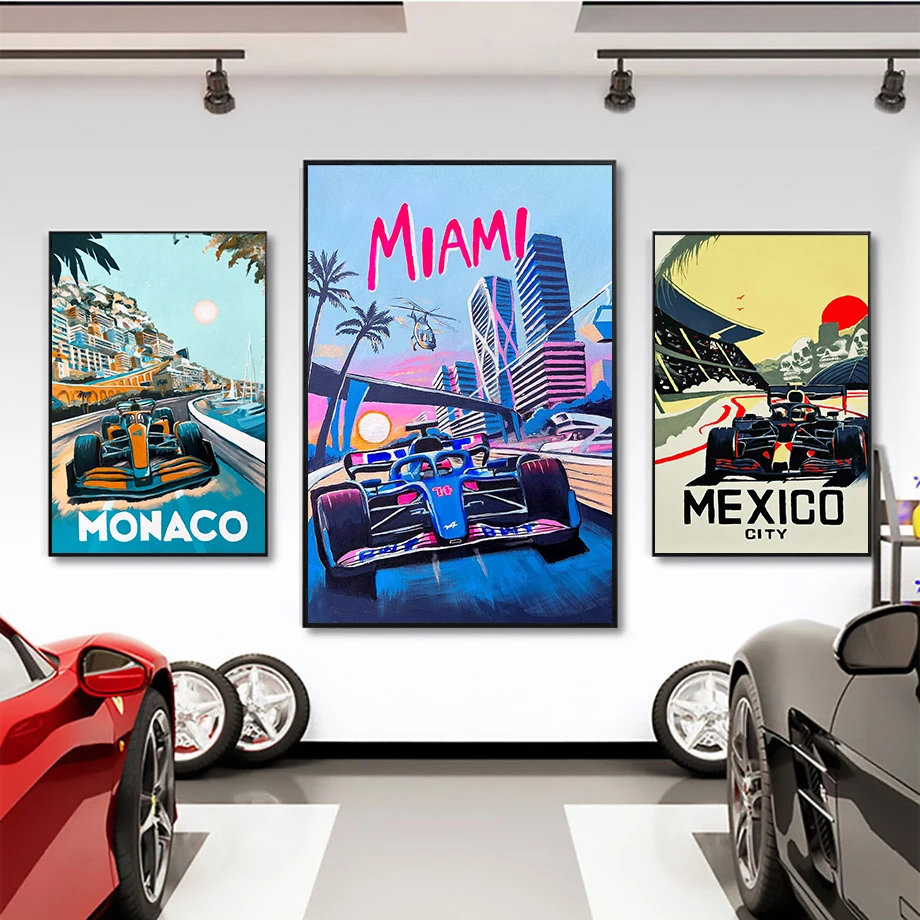 Monaco Neon City Watercolor Car Poster Canvas Painting Wall Art Formula One Miami Posters Aesthetic Motorsport Room Decor