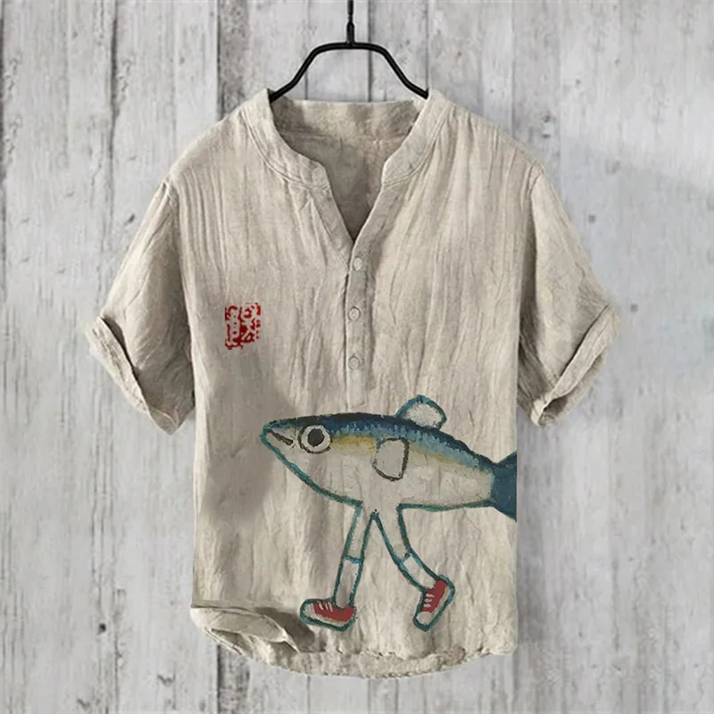 Spring and Summer Fashion Retro Octopus Art 3D Printing Pattern Shirt Men's Casual Shirt Short Sleeve Stand Collar Henry Shirt T