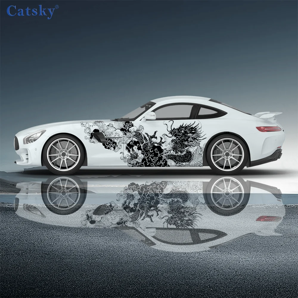 

Black and White Dragon Pattern Stickers, Car Body Side Decals, PVC (Polyvinyl Chloride) Decorations, Universal Fit for All Cars