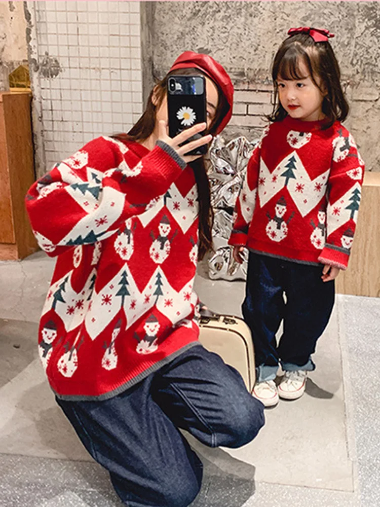 Parent-child Mother and Daughter Red Christmas Sweater Autumn and Winter New Girls Knitted Bottoming Shirt Children\'s Clothing