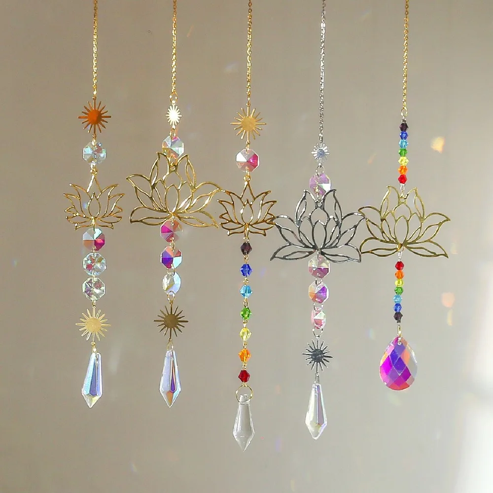 Crystal Lotus Hanging Wind Chimes Sun Catcher Aesthetic Landscape Window Drop Bell Balcony Yard Garden Decor Wind Bell