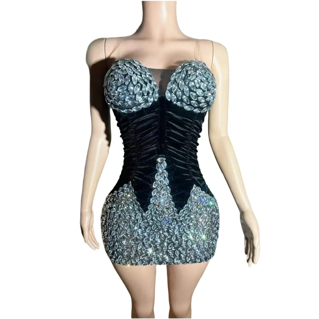 

Elegant Evening Prom Birthday Queen Short Dress For Women Velvet Celebrate Bling Charming Stage Wear Drag Queen Stage Costume