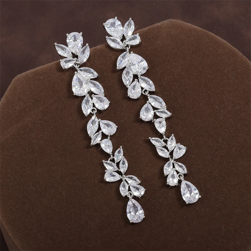 ZAKOL Luxury Leaf Cubic Zirconia Long Earrings For Women  Elegant Shiny CZ Bridal Earring Party Wedding Jewelry