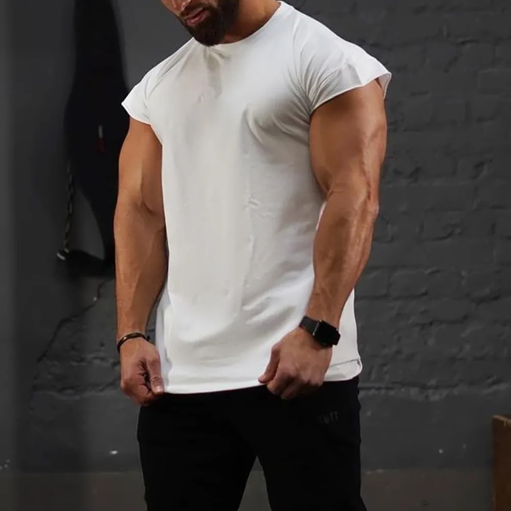 Männer Shirt Kappe Hülse Abgeschnitten Tshirt Feste Slim Fit für Männer Workout Fitness Basketball Sport Shirts – Detail 2