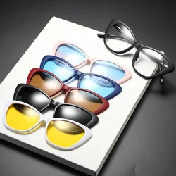 Eyeglasses Frame Women With 5 PCS Clip On Polarized Sunglasses Spectacle Magnetic Glasses Male UV400 Eyeglasses 2345D