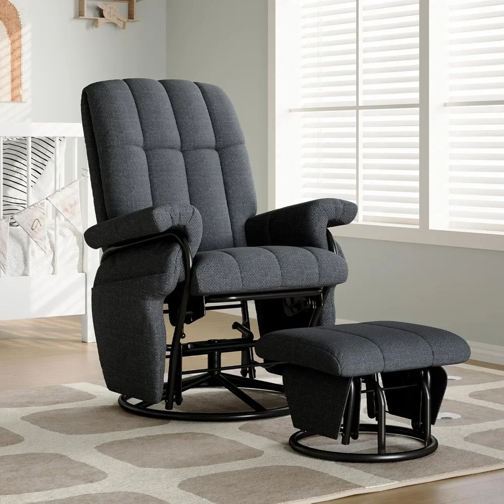 Swivel Glider Recliner with Ottoman, 360 Rocking Chair with Foot Rest Recliner Chair Indoor Rocking Chair with Side Pockets Nur