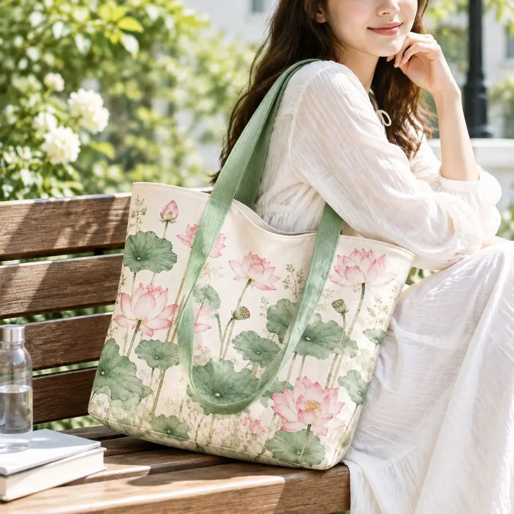 Durable Lotus Print Canvas Bag Large Capacity Reusable Shoulder Bag Lightweight Versatile Tote Bag Daily Outfits