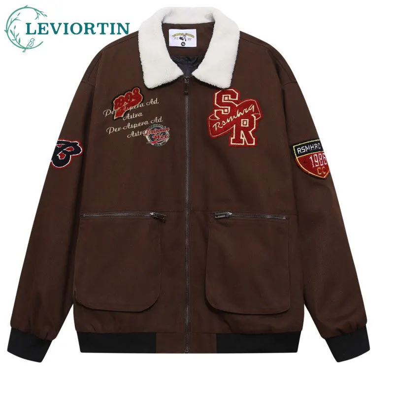 

autumn/winter versatile loose casual trendy jacket for couples, American retro contrasting color letter embroidery lapel jacket