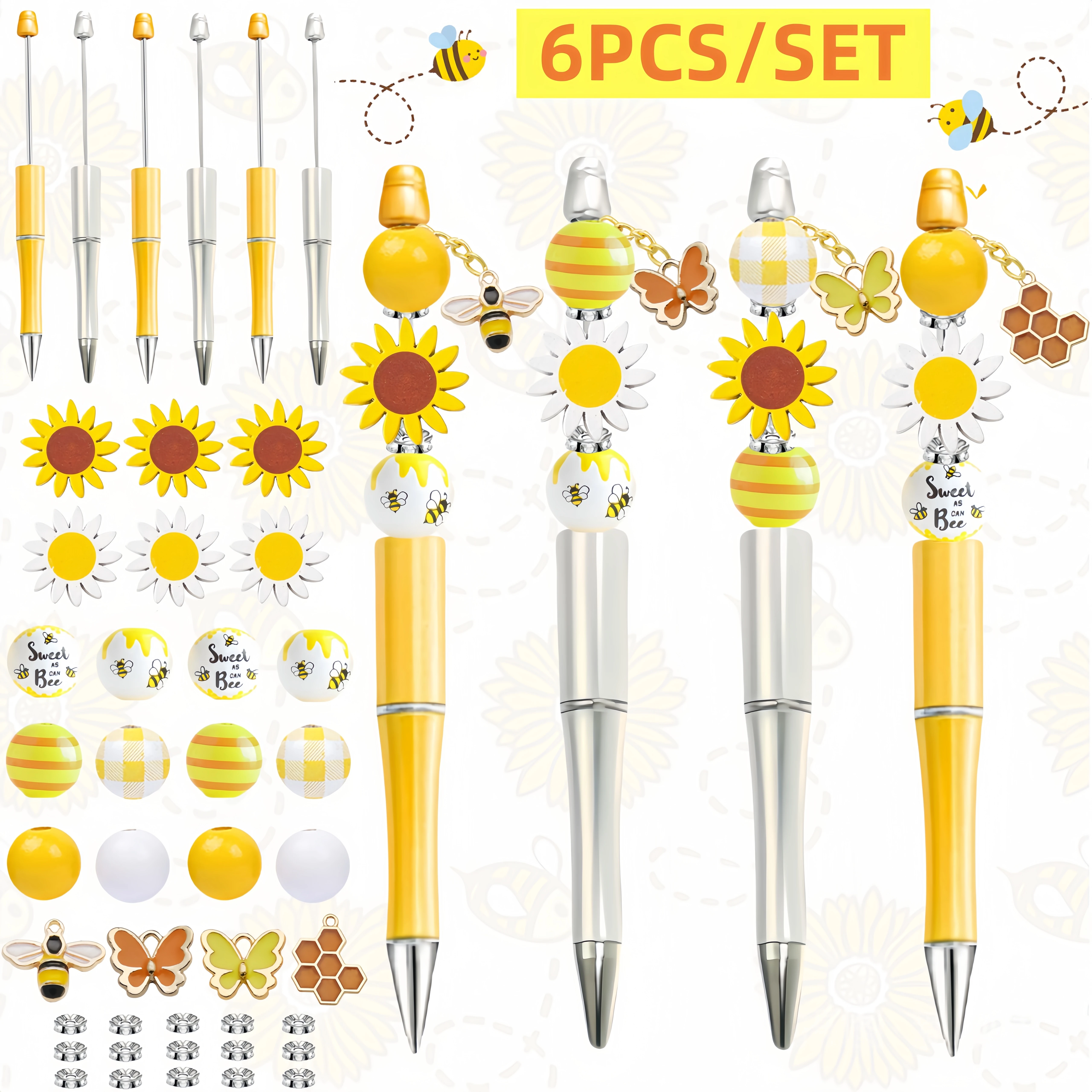 6PCS Spring Sunflower Themed DIY Bead Ballpoint Pen & Wooden Bead Set,  With Bee Butterfly Alloy Pendant，Office&Study Supply