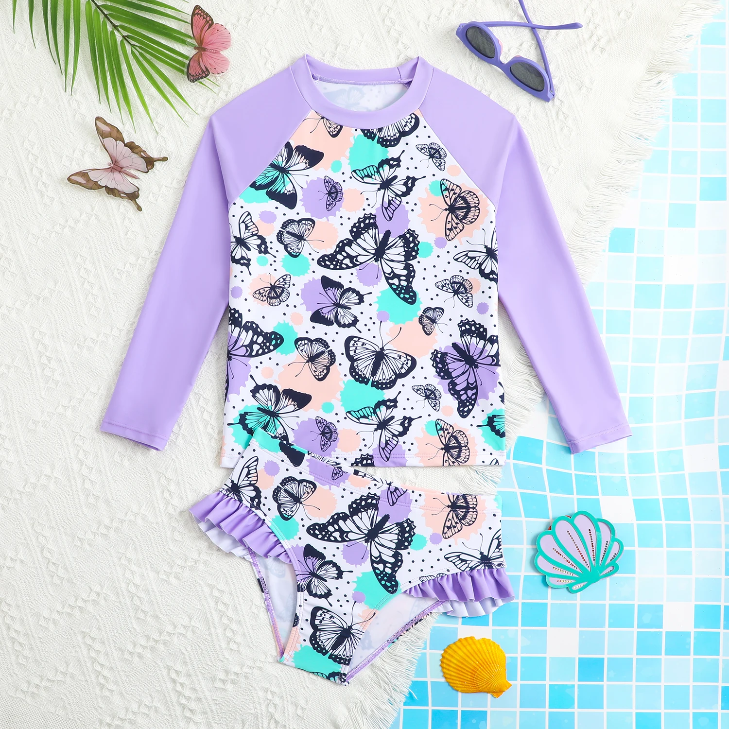 

Girls Cute Butterfly Print Two-Piece Swimsuit with Long Sleeve Rash Guard Ruffle Bottom Beach Pool Bathing Suit for Kids 3-8Y