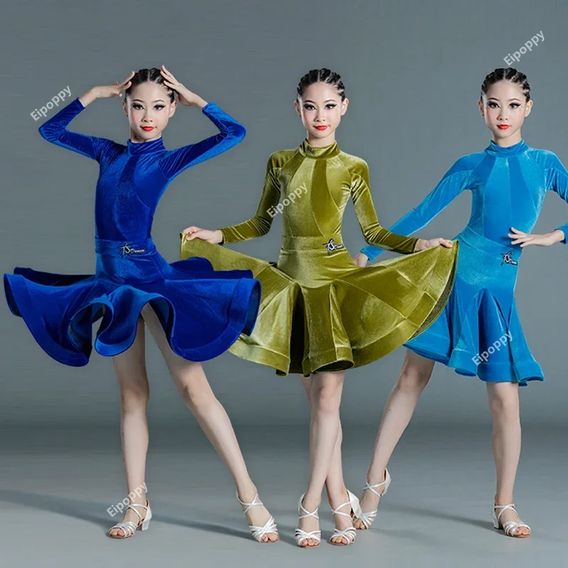 

Velvet High Collar Tops Skirts Suit Dance Performance Costumes For Girls Professional Dance Practice Dress